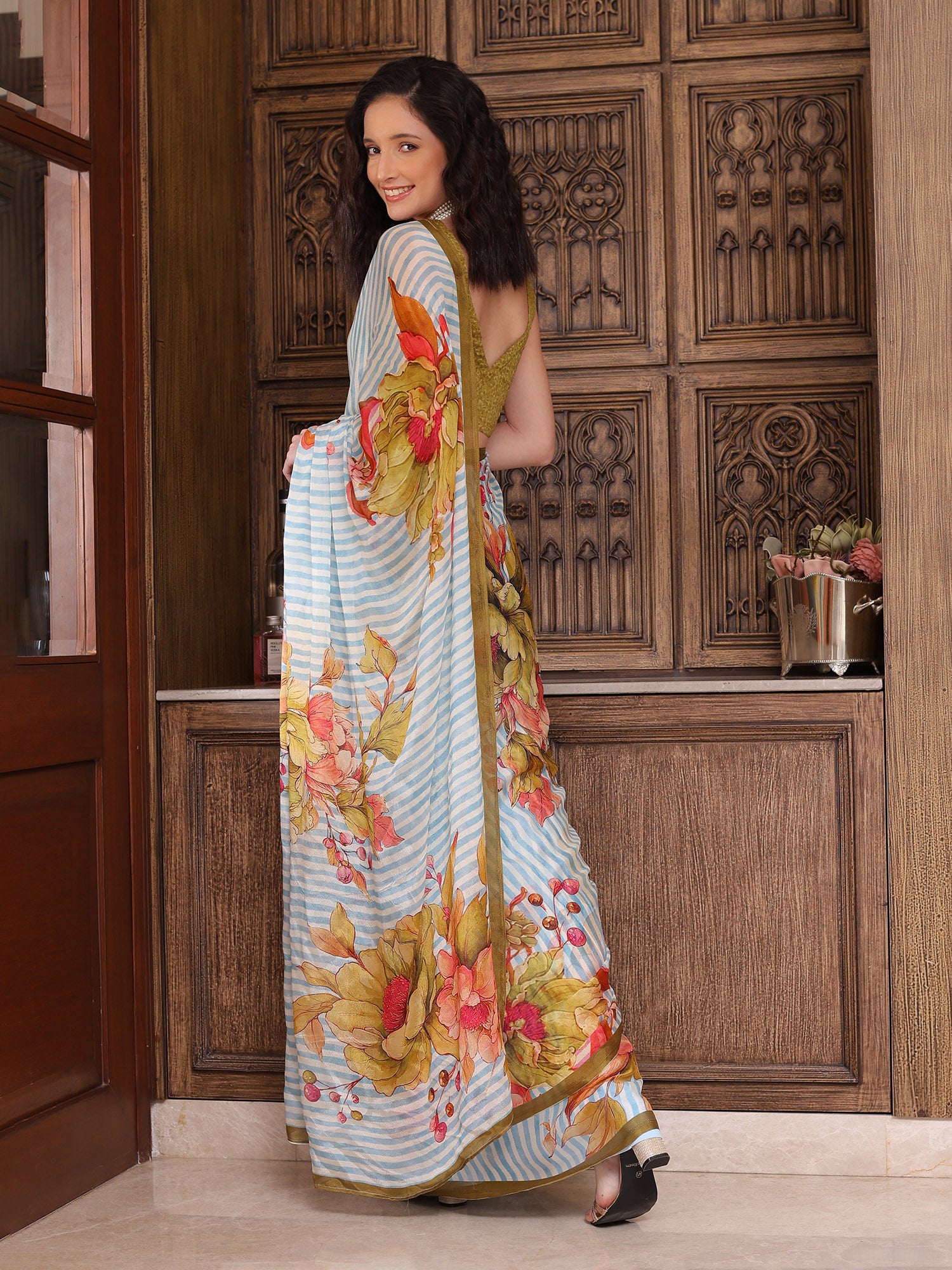 Liora Sky Blue and White Striped Floral Chinon Saree