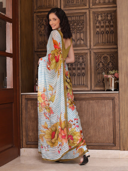 Liora Sky Blue and White Striped Floral Chinon Saree