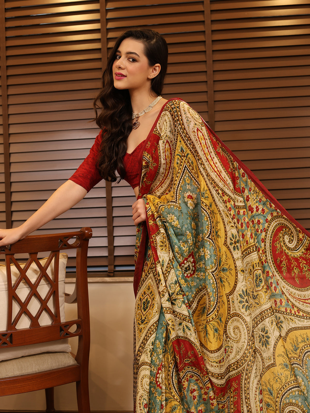 Aafreen Crimson Red Mustard Ornamental Paisley Chinon Saree