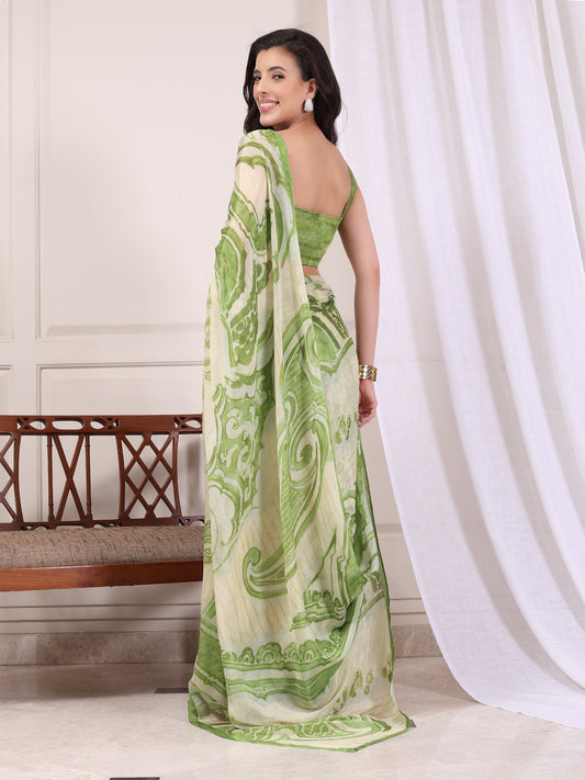 Amara Lime Green and Ivory Abstract Paisley Chinon Saree