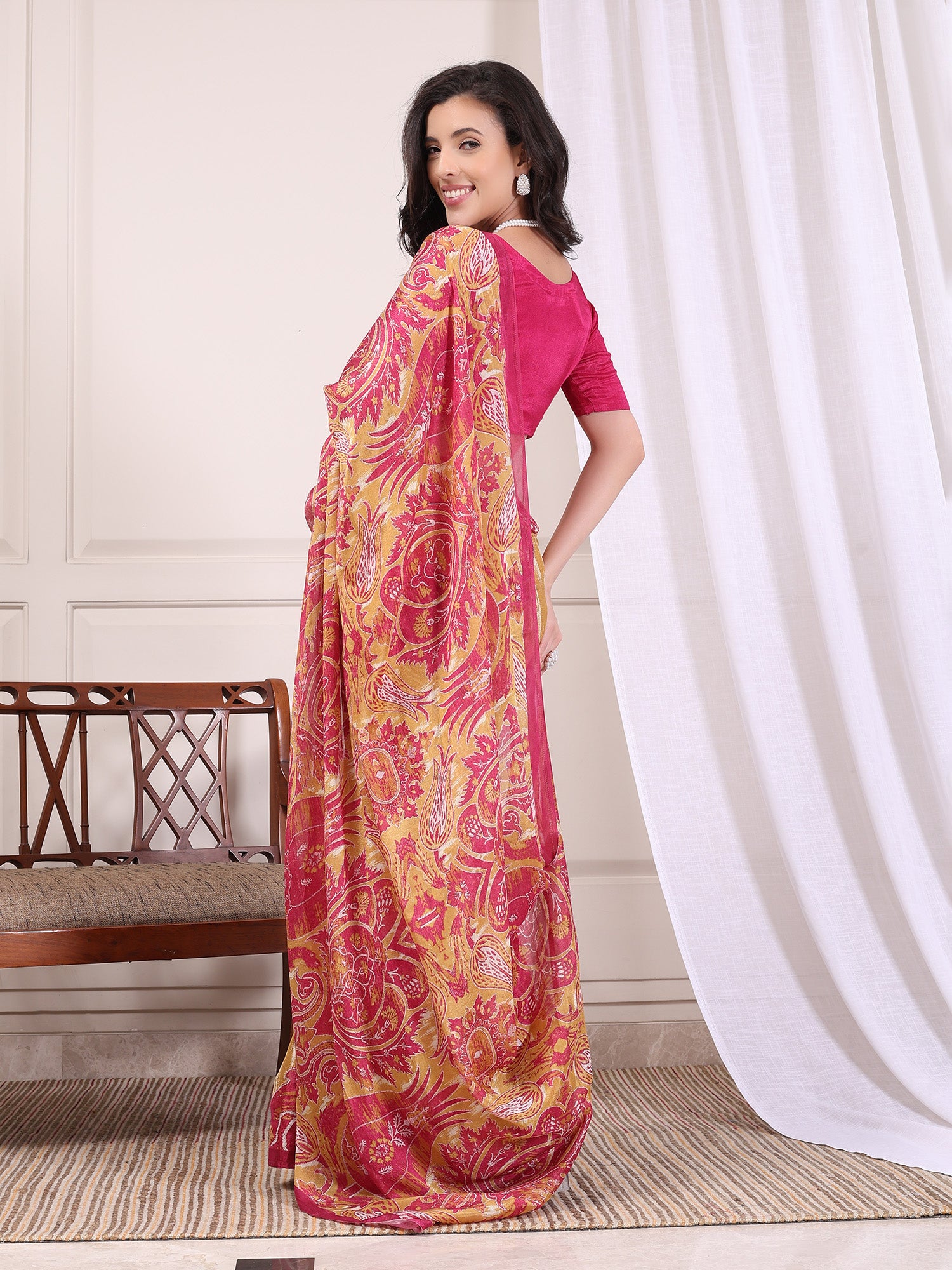 Zehra Rani Pink and yellow Floral Paisley Chinon Saree