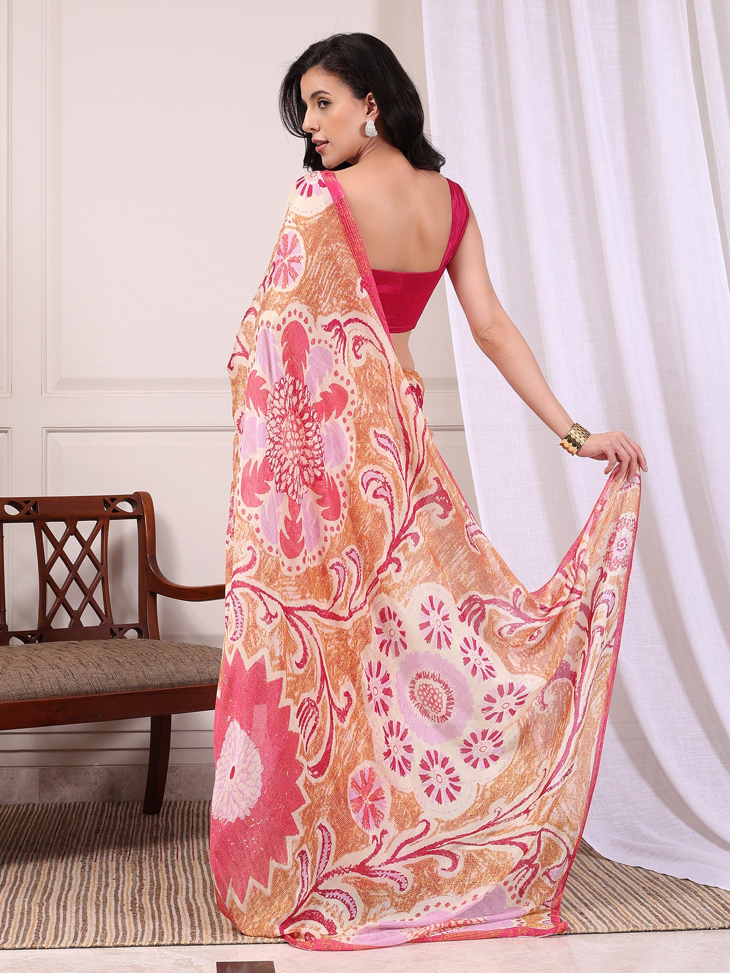 Elyra Peach & Pista Green Paisley Chinon Saree
