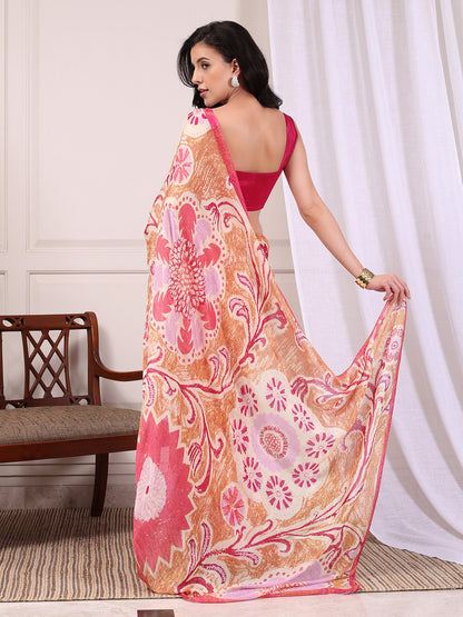 Elyra Peach & Pista Green Paisley Chinon Saree