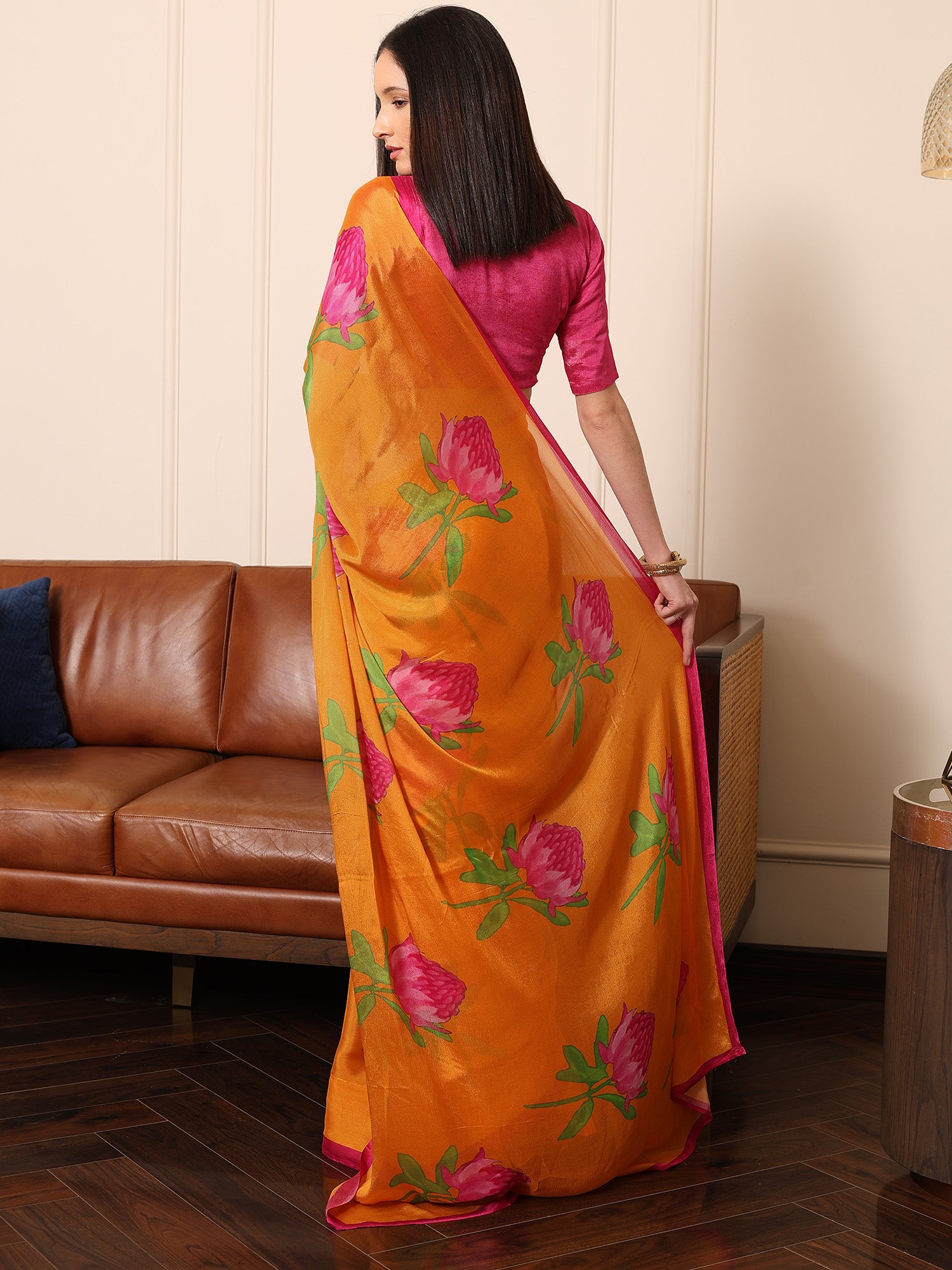 Soraya Marigold and Pink Floral Chinon Saree