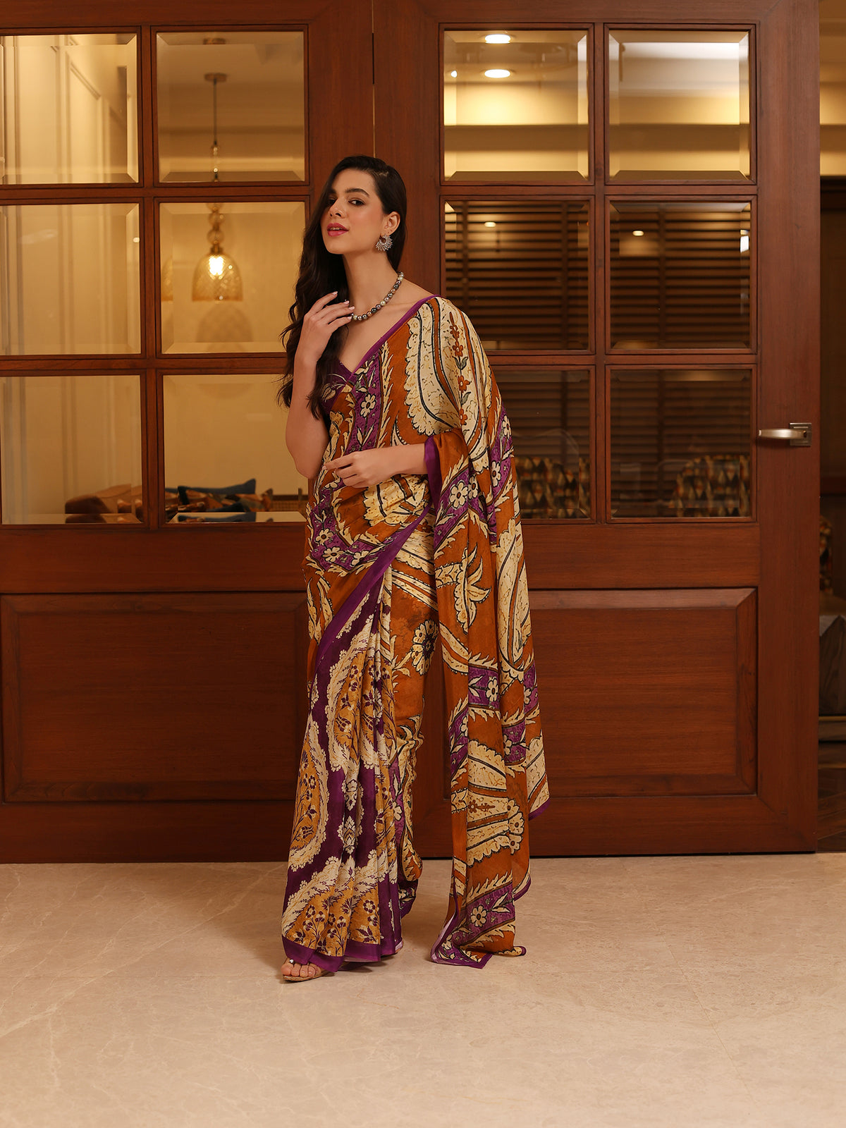 Ruhani Purple Mustard Ornamental Paisley Chinon Saree