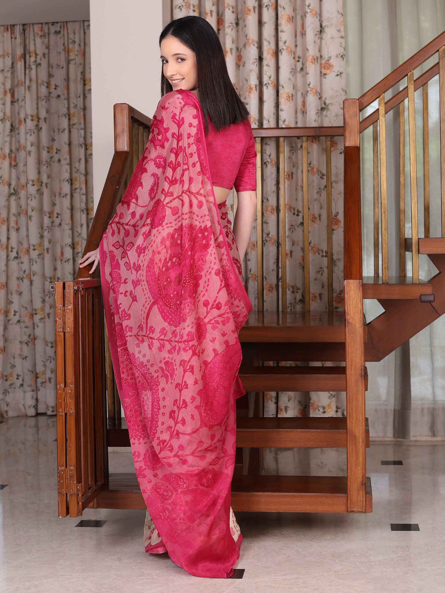 Meher Rani Pink and white Ajrakh Floral Chinon Saree