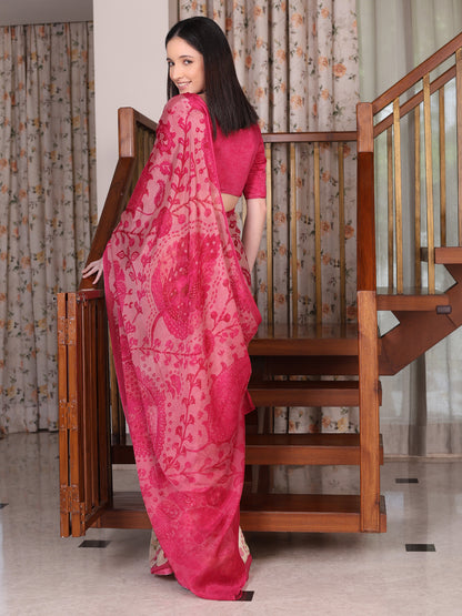 Meher Rani Pink and white Ajrakh Floral Chinon Saree