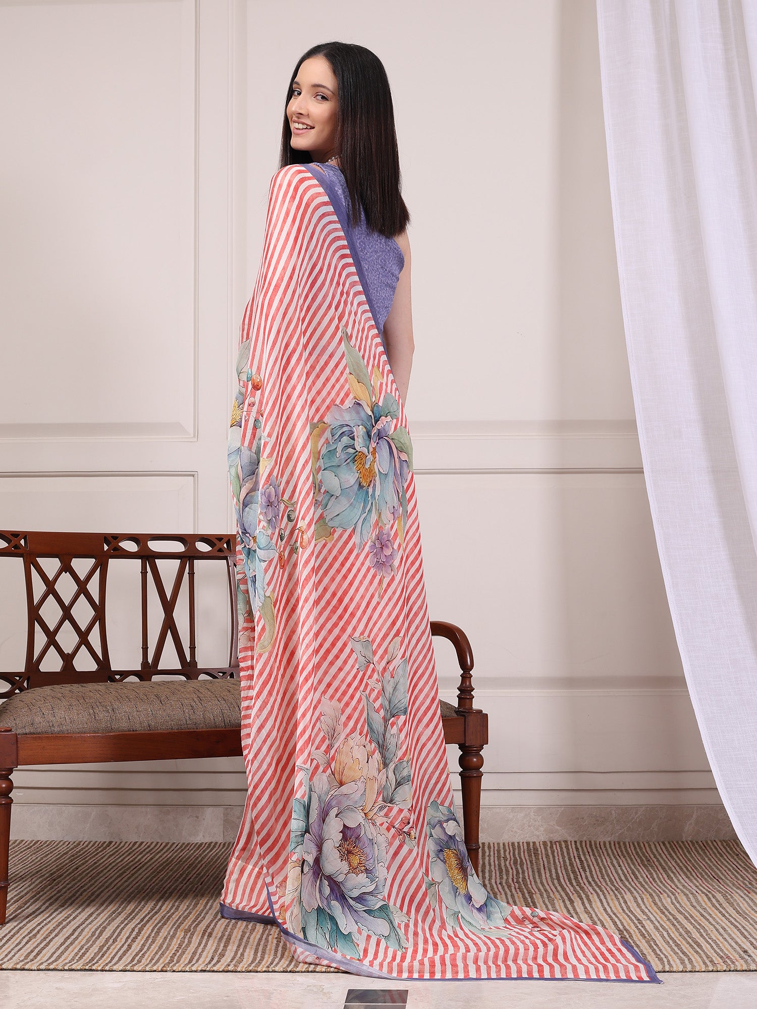 Elara Coral and White Striped Floral Chinon Saree