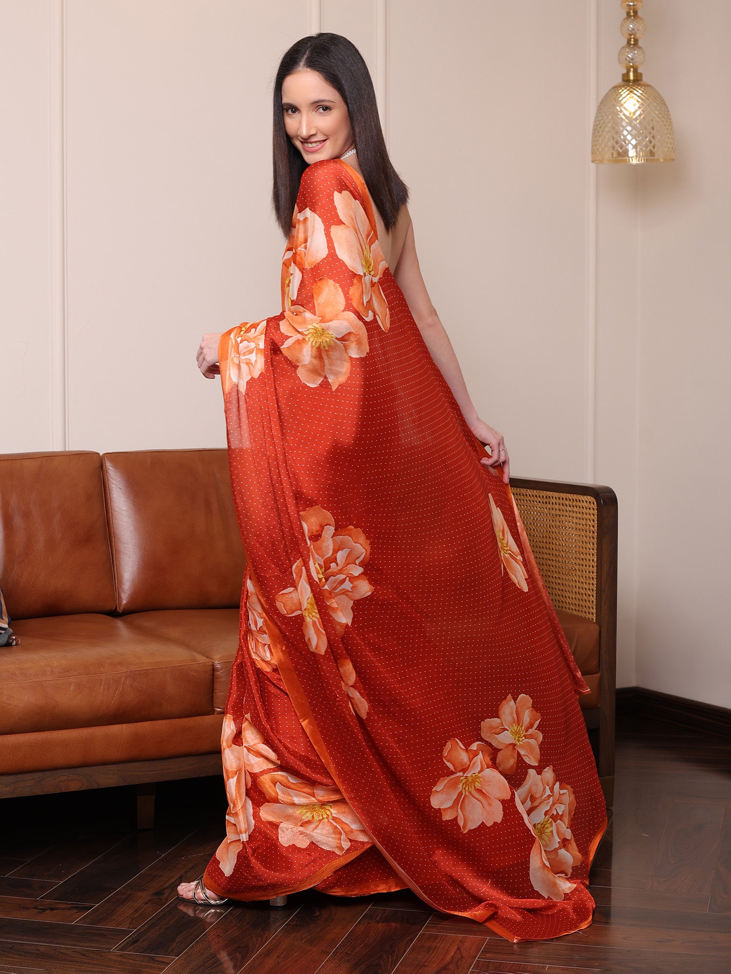 Zareen Burnt Orange and Peach Floral Chinon Saree