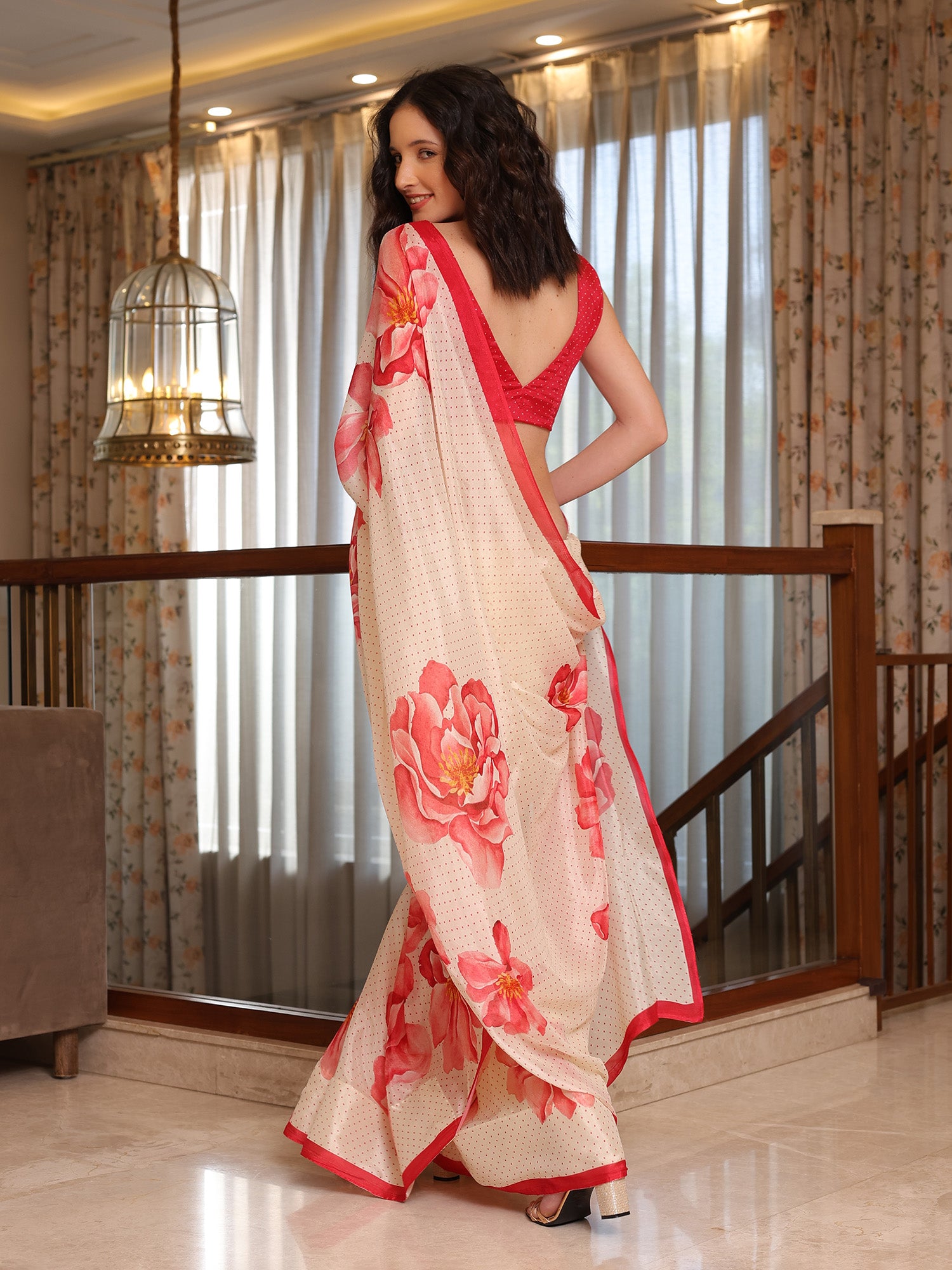 Zareen Off White and Coral Floral Chinon Saree