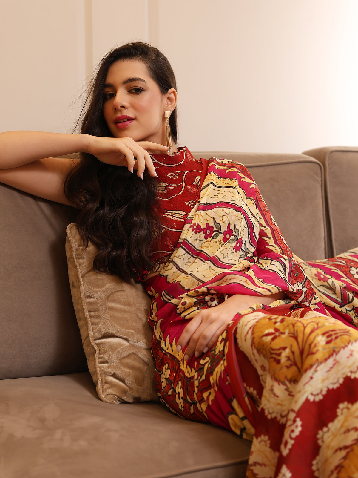 Ruhani Ruby Red Mustard Ornamental Paisley Chinon Saree