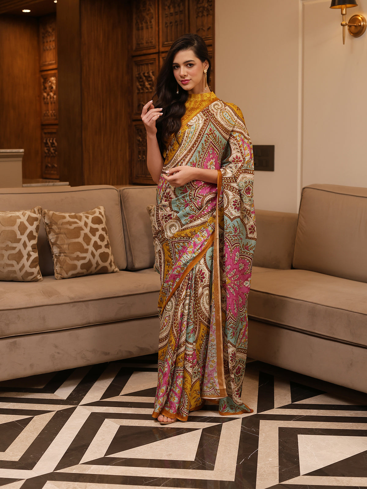 Aafreen Mustard Yellow Pink Ornamental Paisley Chinon Saree