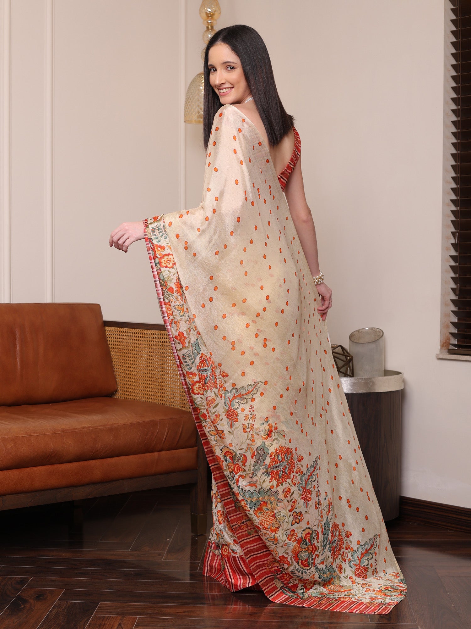 Aurelia Ivory and Rust Floral Buti Chinon Saree