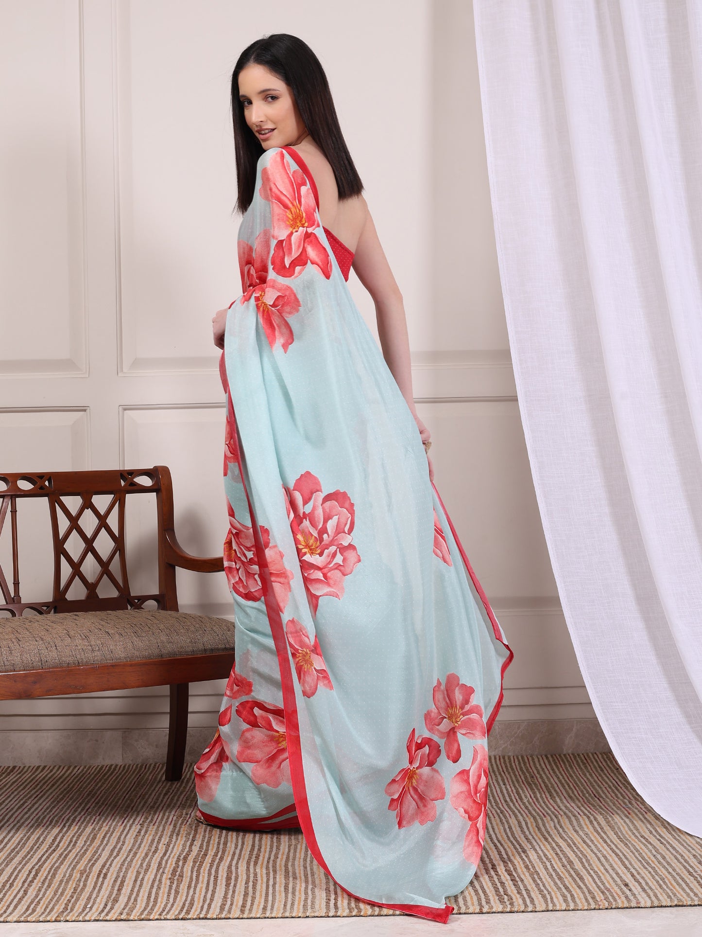 Ayla Powder Blue and Red Large Floral Chinon Saree