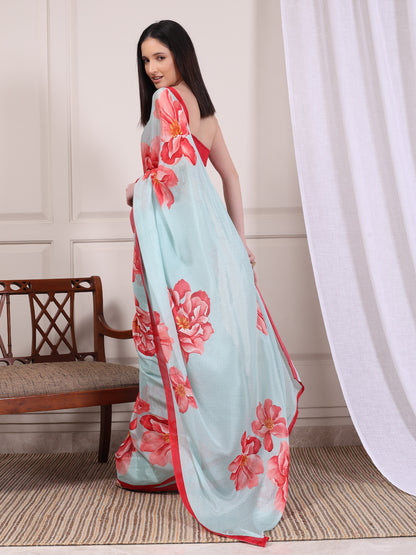 Ayla Powder Blue and Red Large Floral Chinon Saree