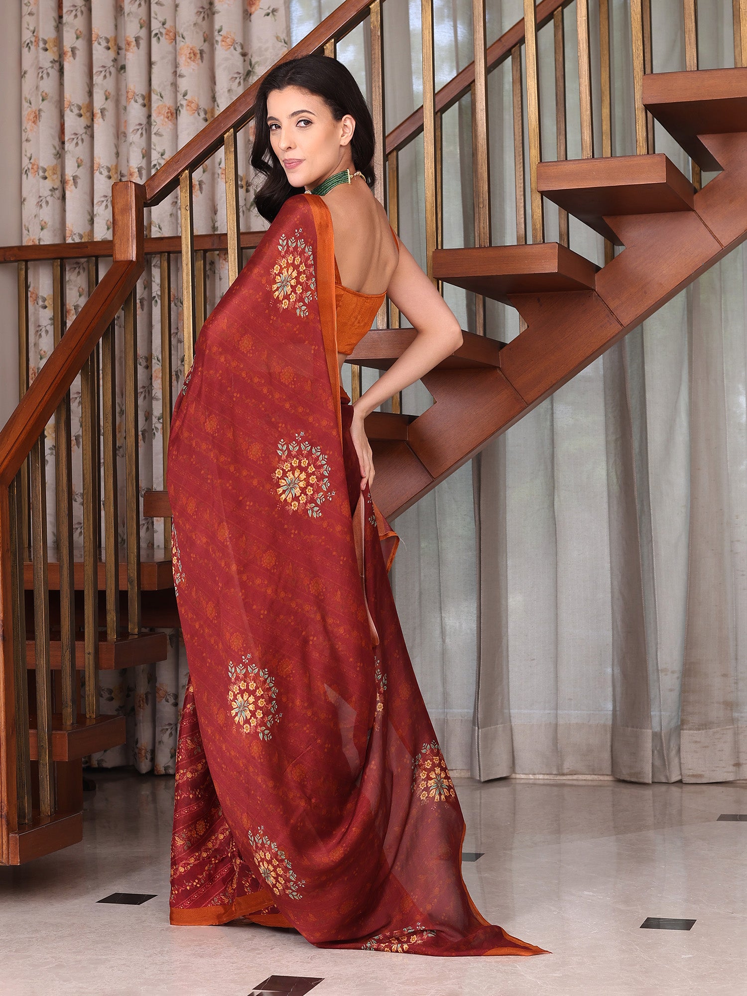 Evara Mint Maroon and Orange Floral Buti Chinon Saree