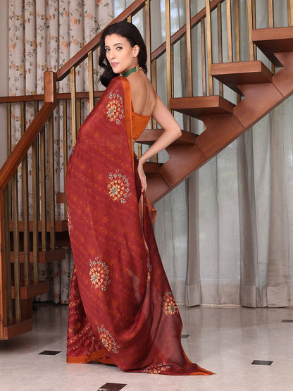 Evara Mint Maroon and Orange Floral Buti Chinon Saree