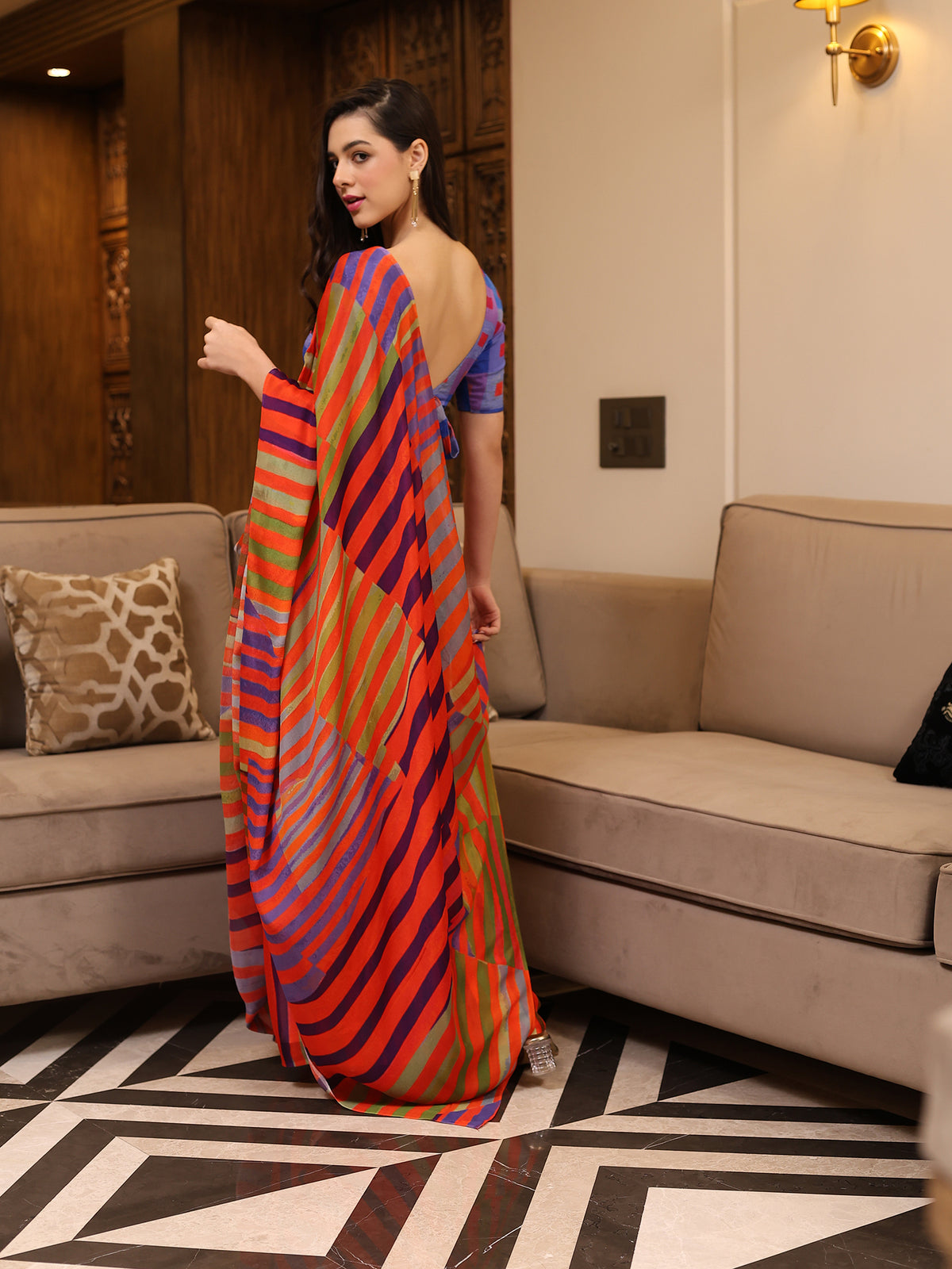 Tarangini Coral Red Cobalt Blue Diagonal Stripe Chinon Saree