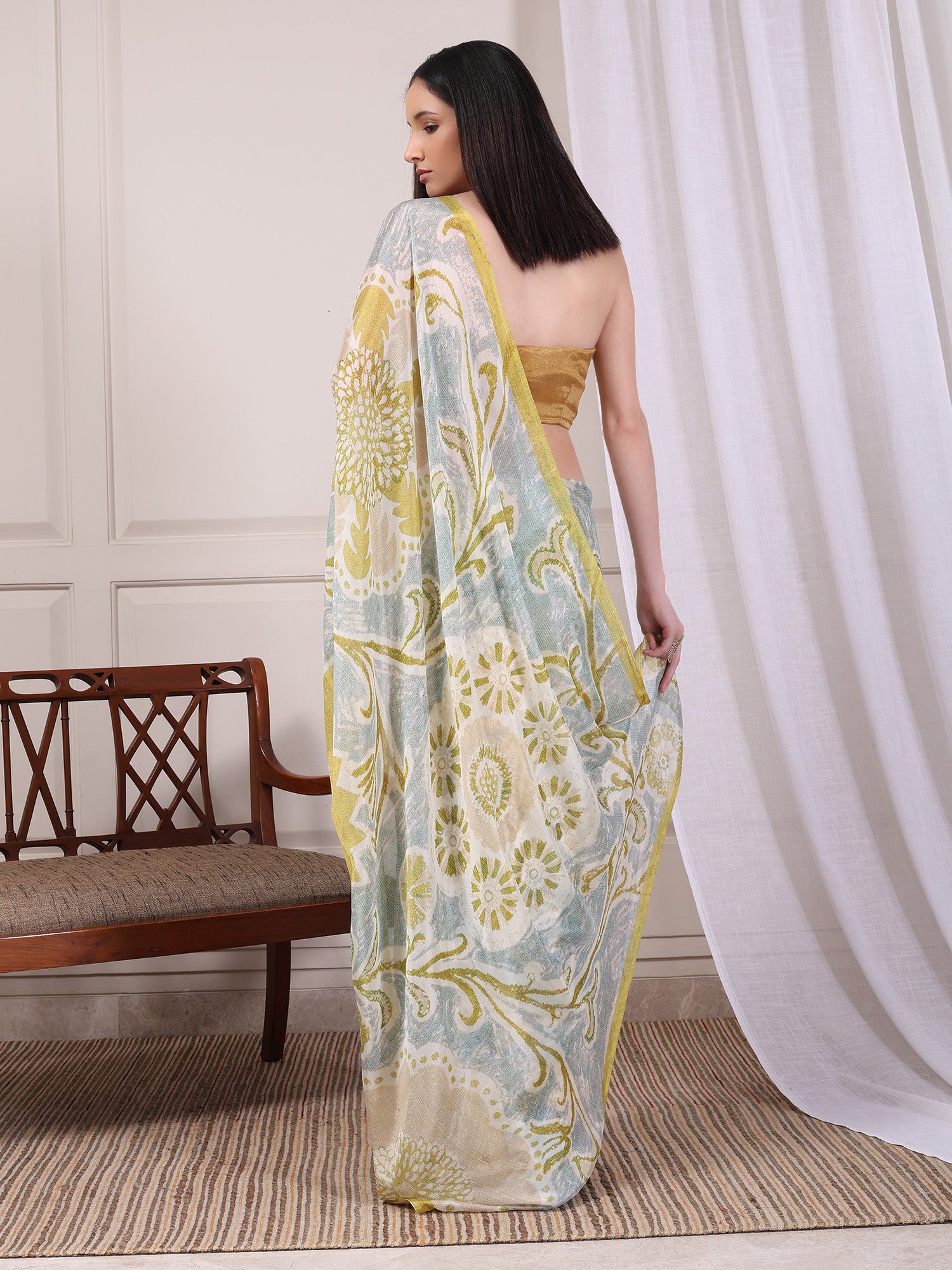 Elyra Sage Green and Gold Floral Paisley Chinon Saree
