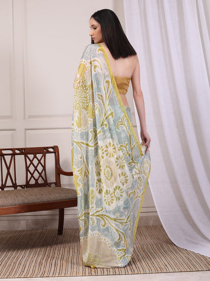 Elyra Sage Green and Gold Floral Paisley Chinon Saree