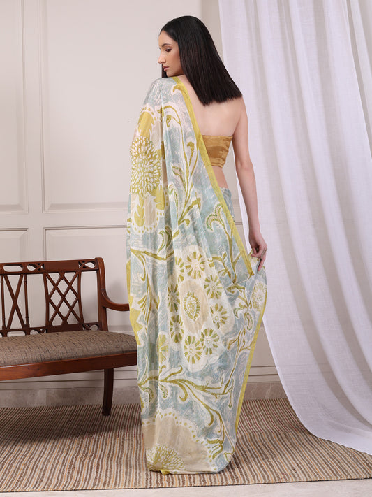 Elyra Sage Green and Gold Floral Paisley Chinon Saree