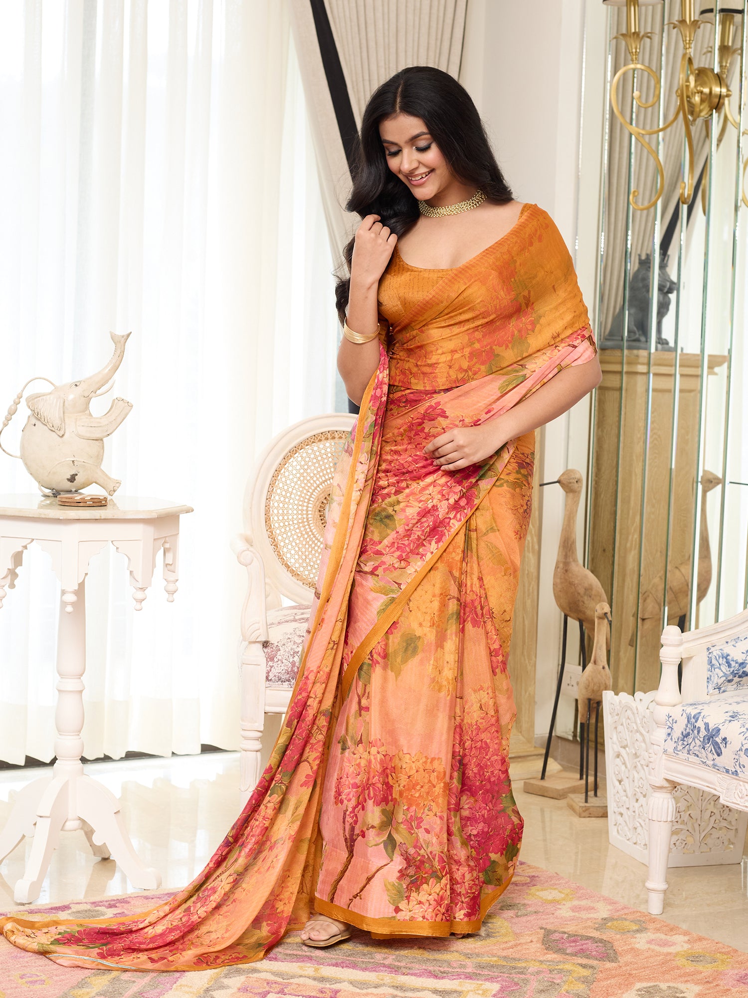 Gulnar Mango Orange Pink Floral Saree