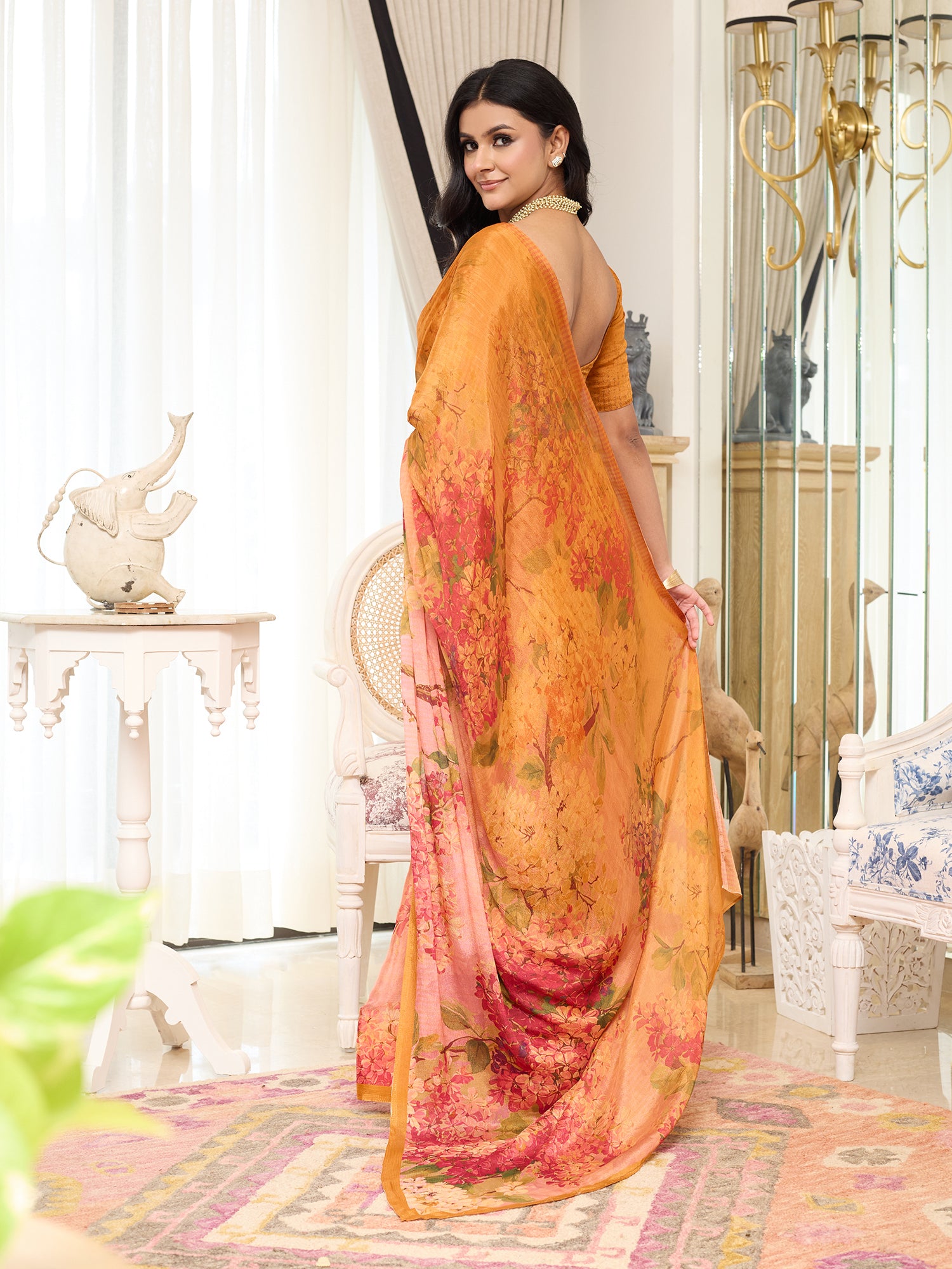 Gulnar Mango Orange Pink Floral Saree