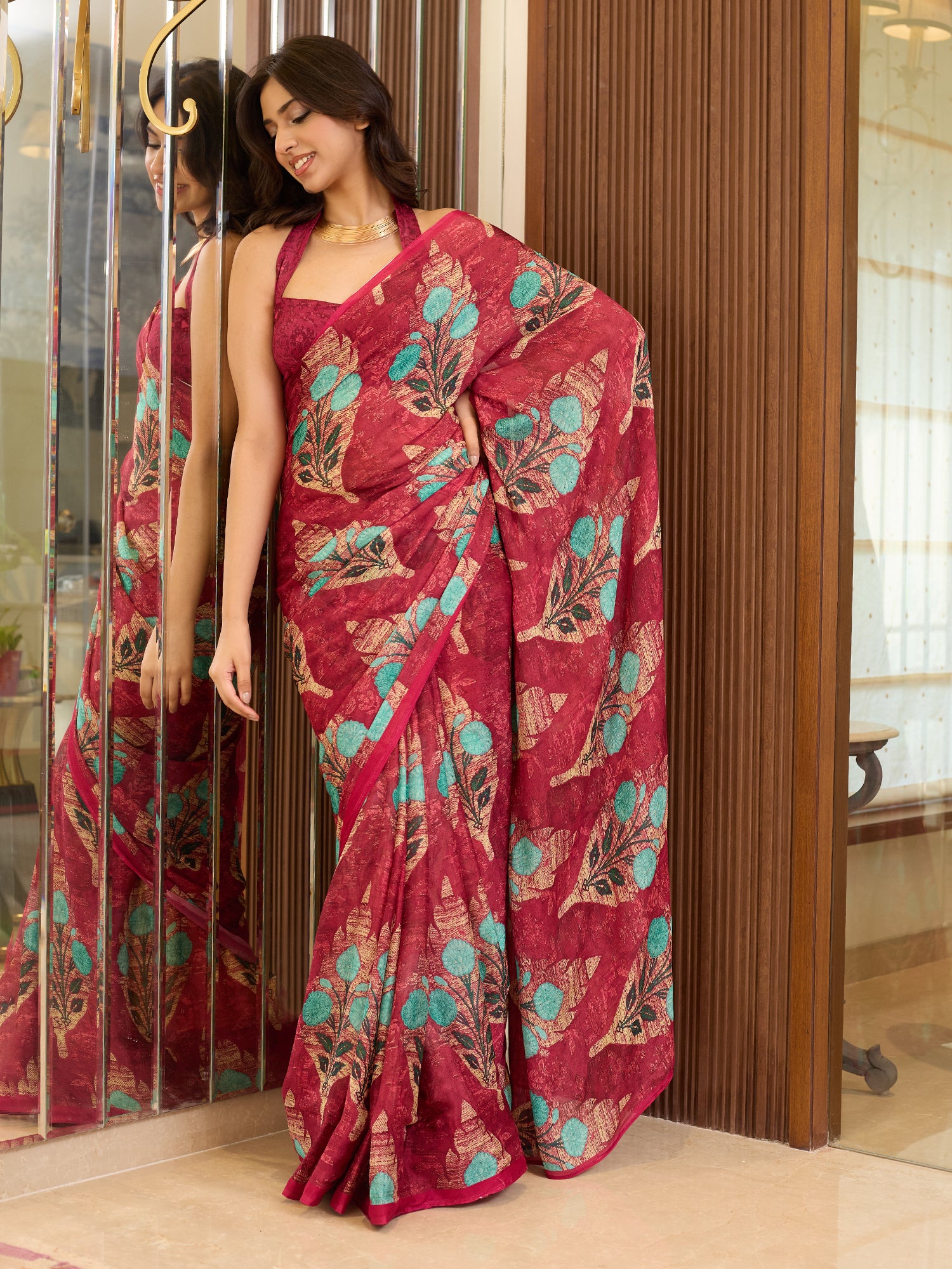 Adaa Raspberry Teal Tropical Floral Saree