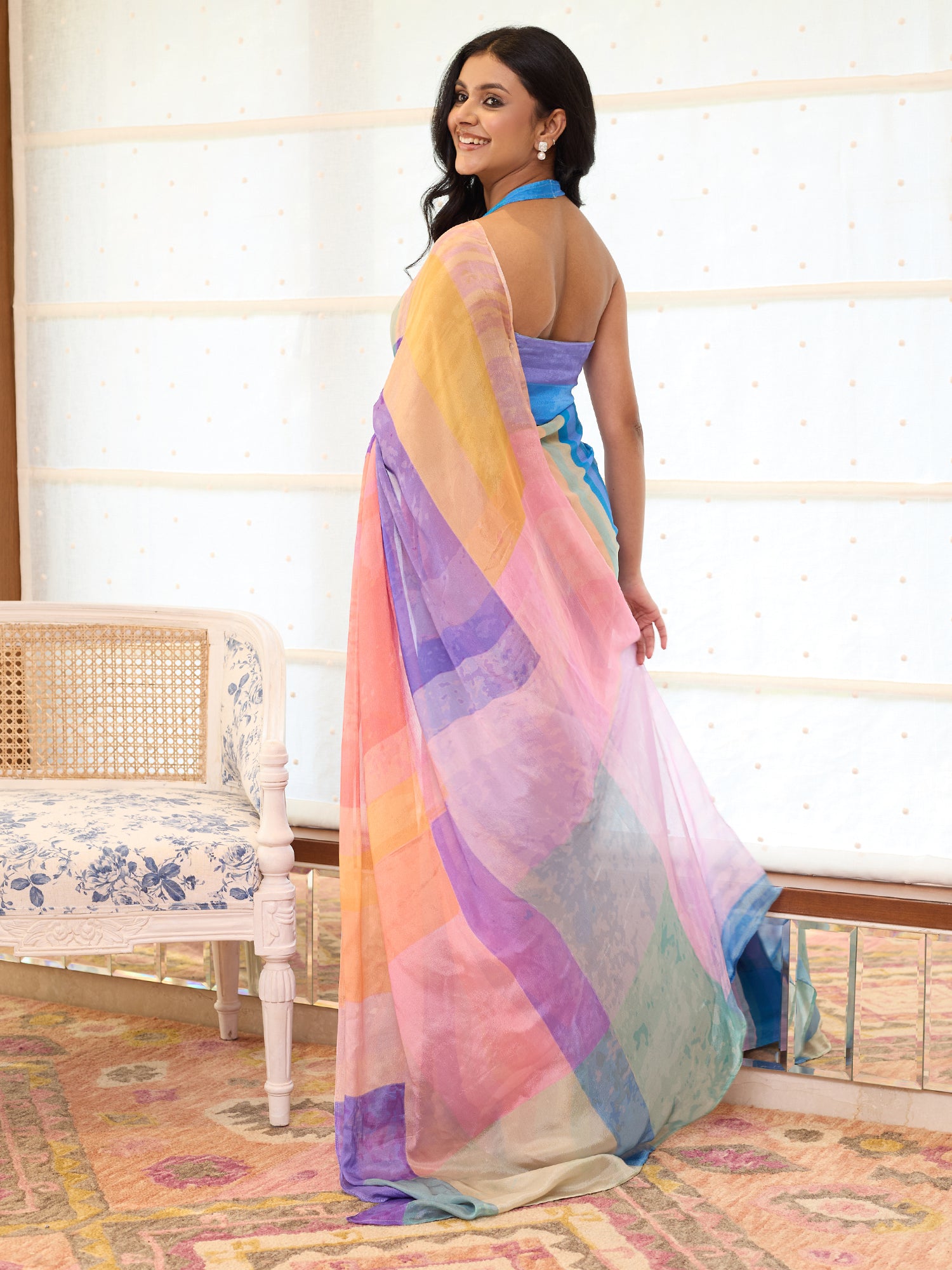 Naaz Turquoise Lilac Rainbow Stripe Saree