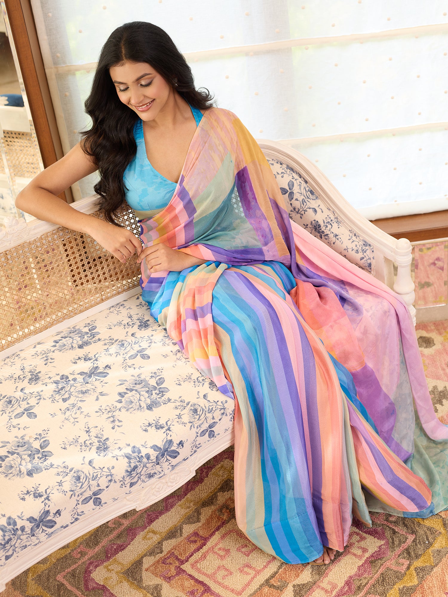 Naaz Turquoise Lilac Rainbow Stripe Saree