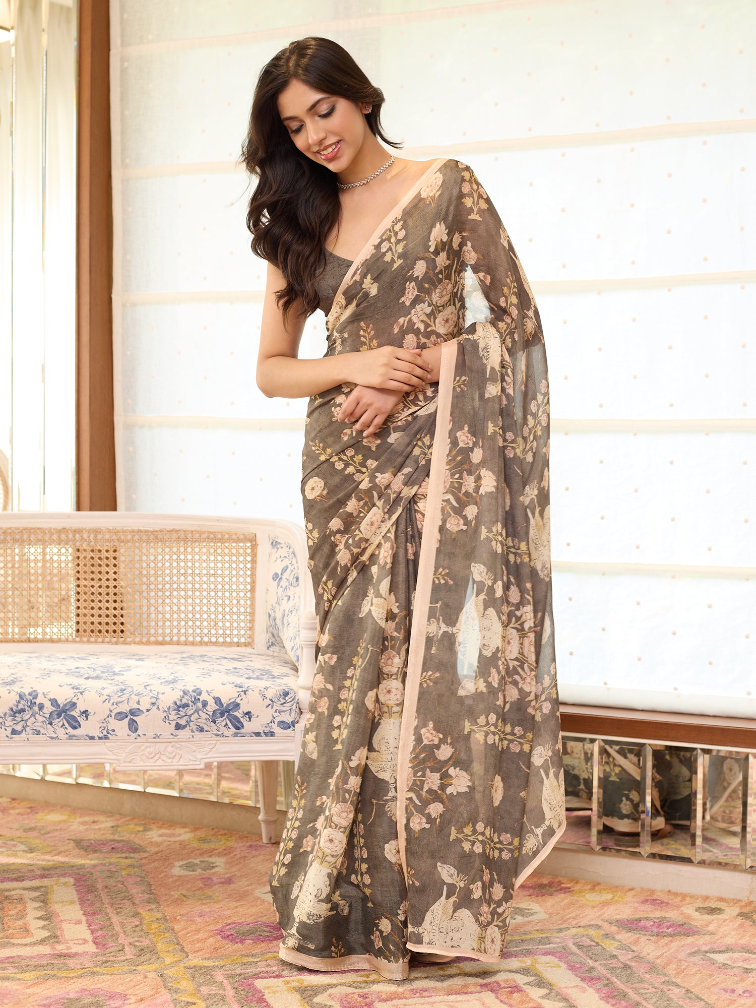 Haya Taupe Ivory Paisley Vine Saree