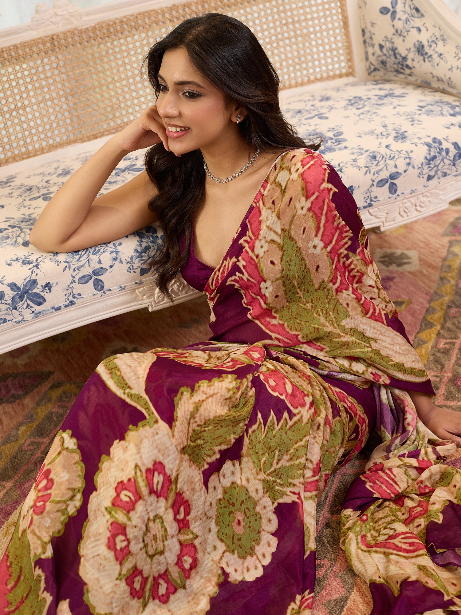 Aarzoo Magenta Olive Medallion Floral Saree