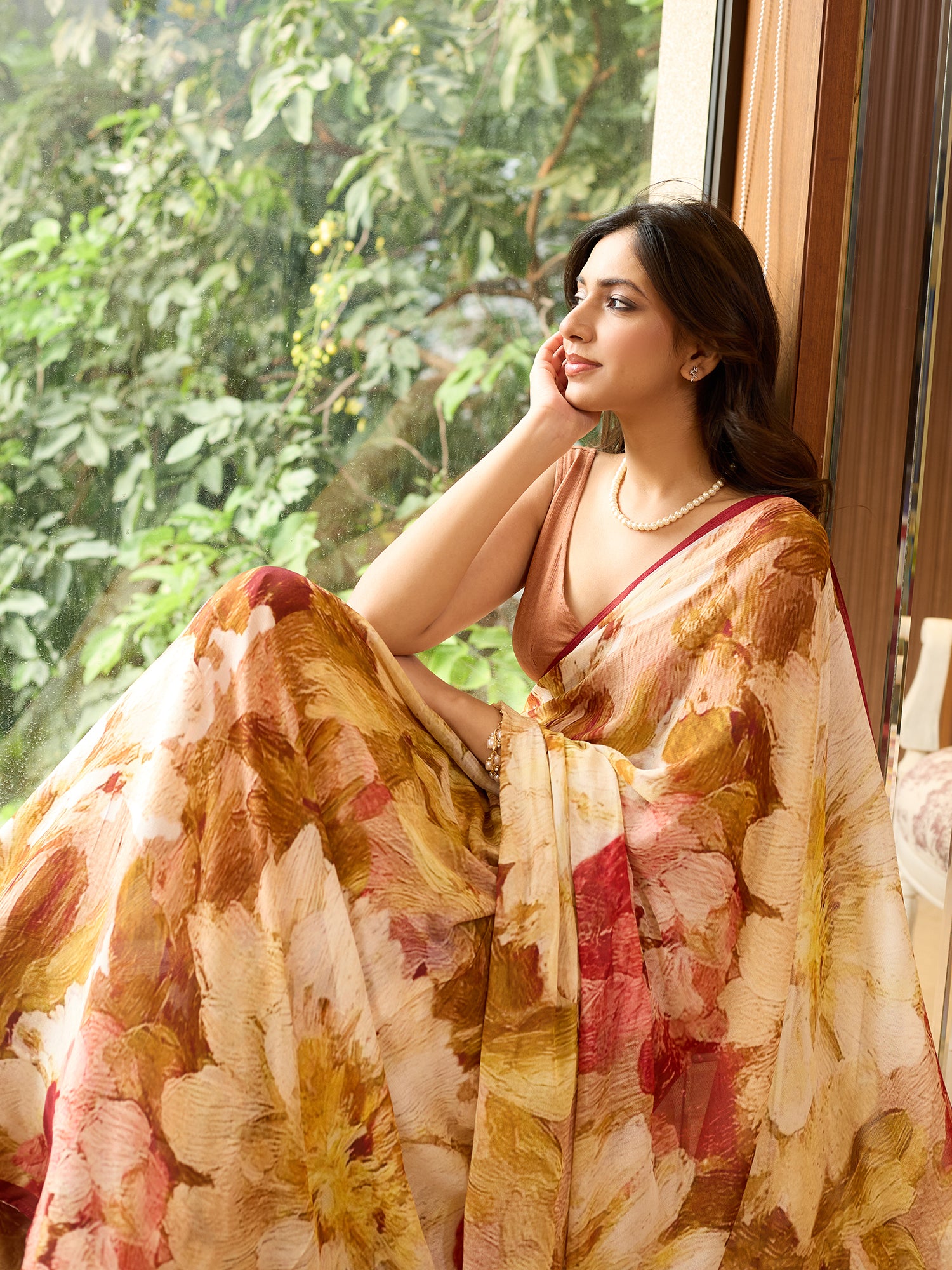Pari Cream Ochre Watercolour Bloom Saree