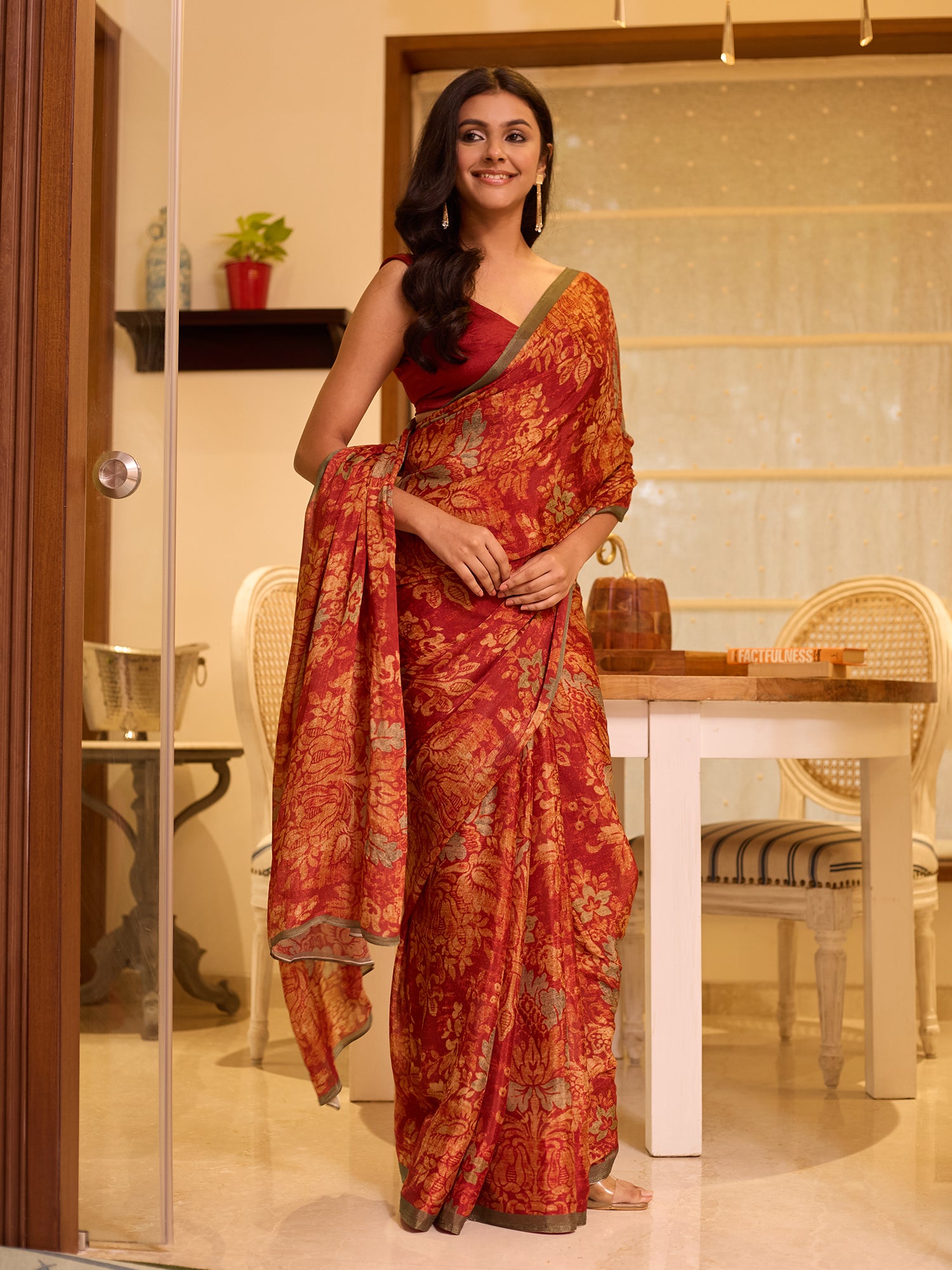 Saira Vermilion Rust Paisley Bloom Saree