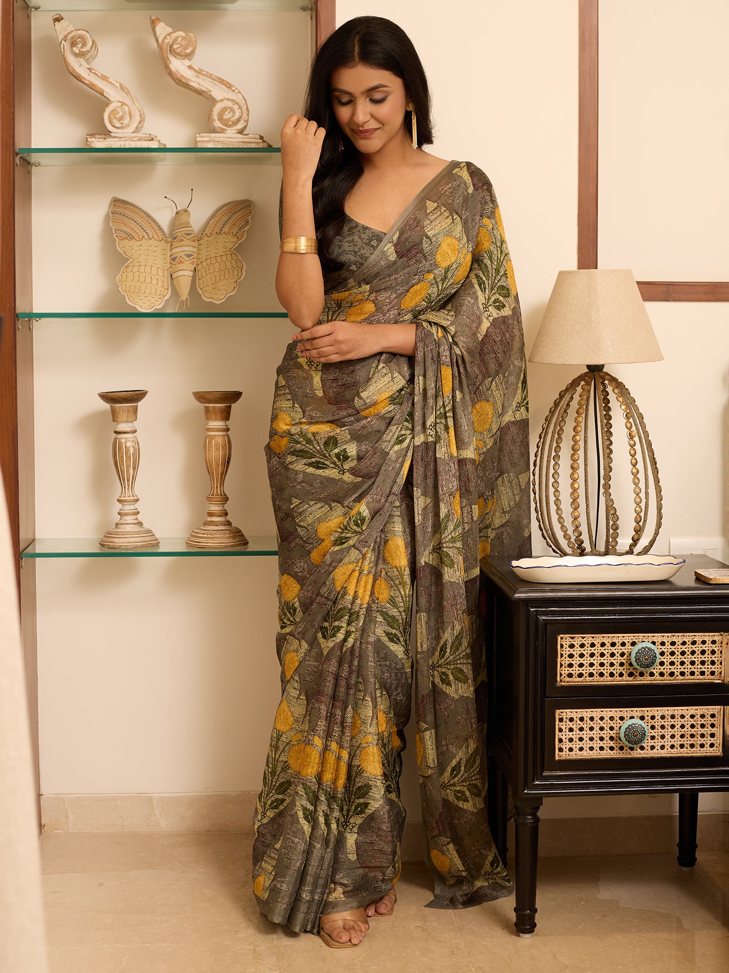 Adaa Charcoal Mustard Botanical Floral Saree