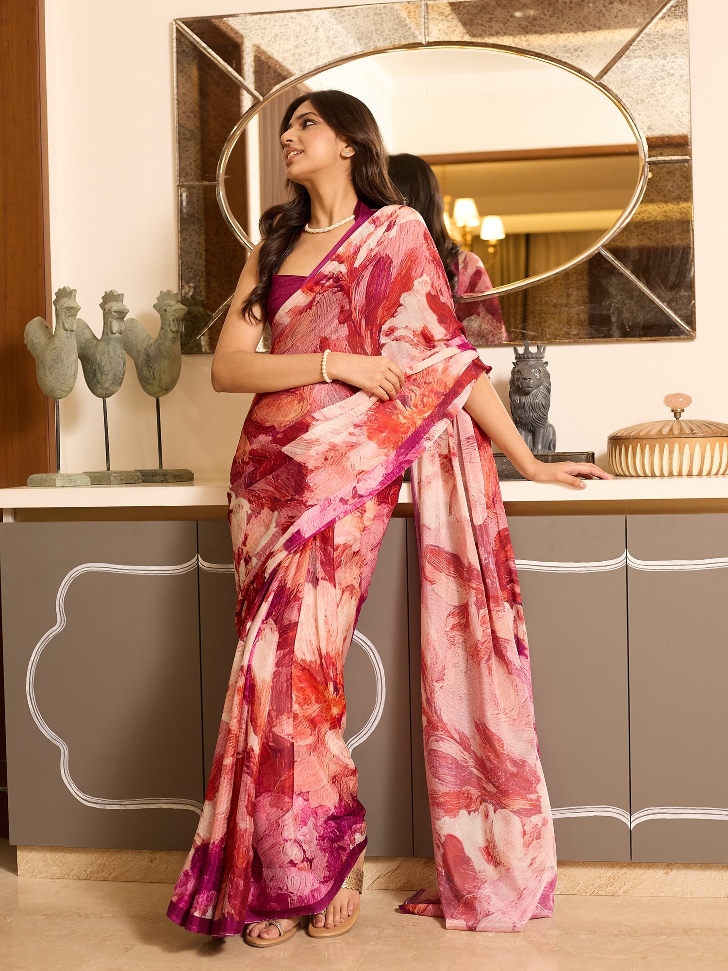 Pari Crimson Blush Watercolour Floral Saree