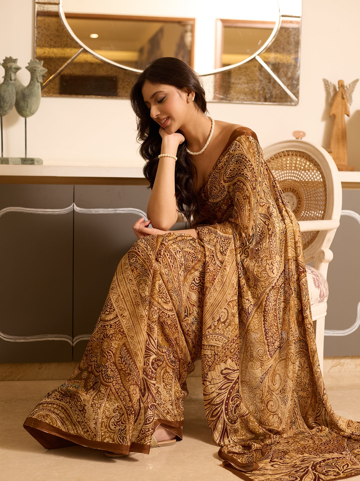 Zoya Bronze Brown Ornamental Paisley Saree