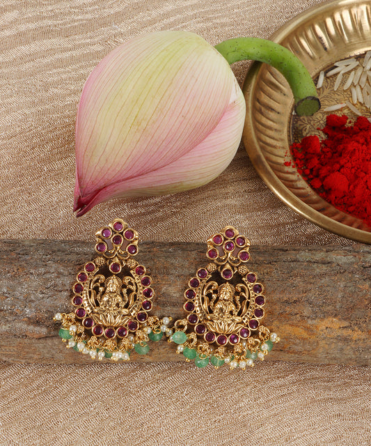 Antique Gold Lakshmi Earrings with Ruby & Emerald