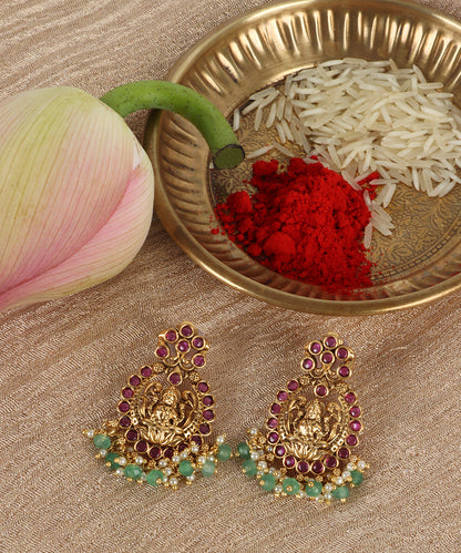 Antique Gold Lakshmi Earrings with Ruby & Emerald