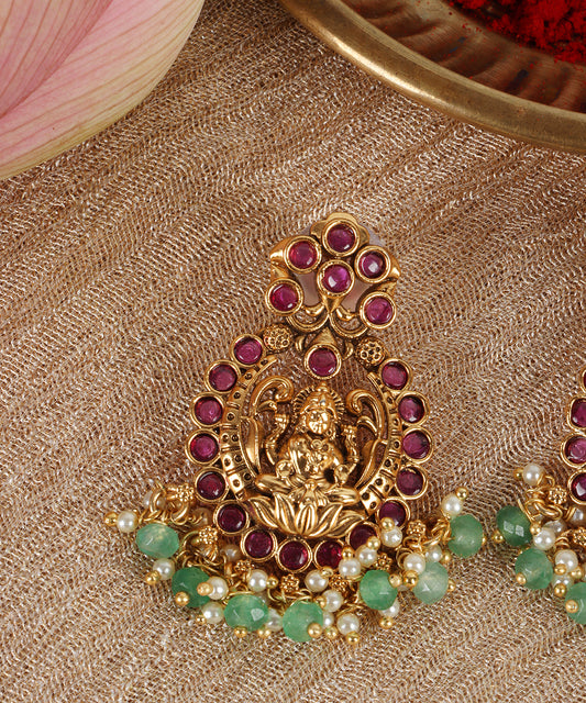 Antique Gold Lakshmi Earrings with Ruby & Emerald