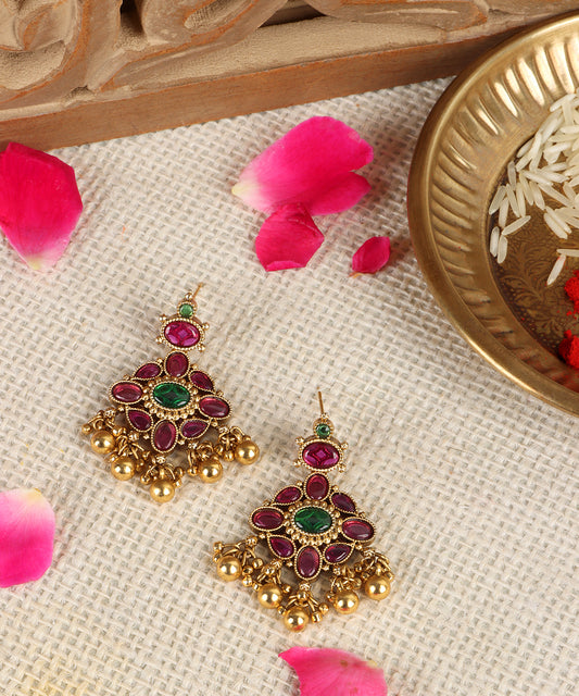 Antique Gold Chandbali Earrings with Ruby & Emerald