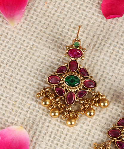 Antique Gold Chandbali Earrings with Ruby & Emerald