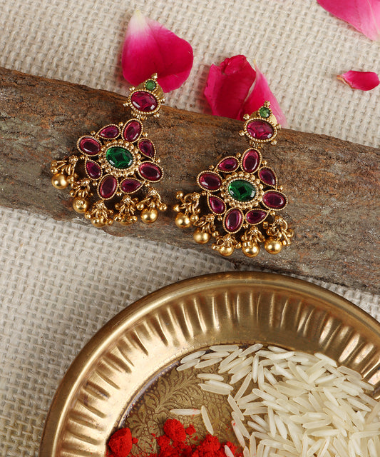 Antique Gold Chandbali Earrings with Ruby & Emerald