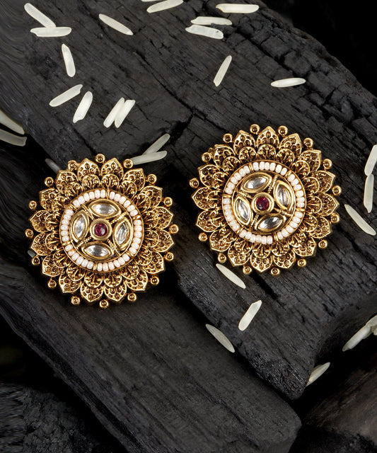 Antique Gold Kundan Stud Earrings (Temple Jewellery)