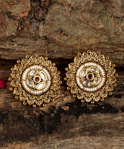 Antique Gold Kundan Stud Earrings (Temple Jewellery)