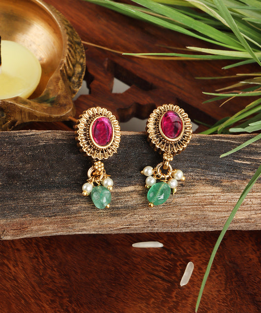Antique Gold Stud Earrings with Ruby Stone & Emerald Drops