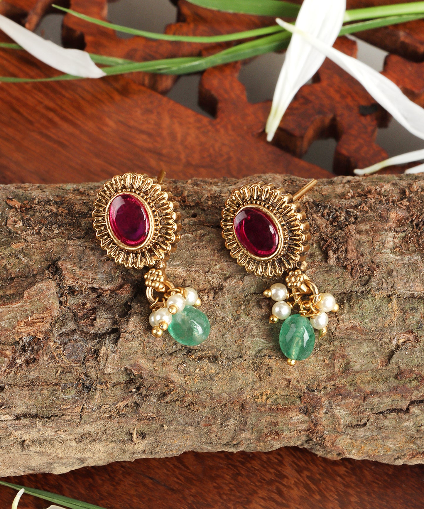 Antique Gold Stud Earrings with Ruby Stone & Emerald Drops
