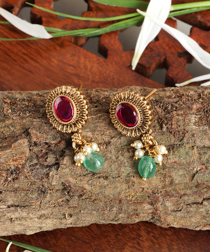 Antique Gold Stud Earrings with Ruby Stone & Emerald Drops