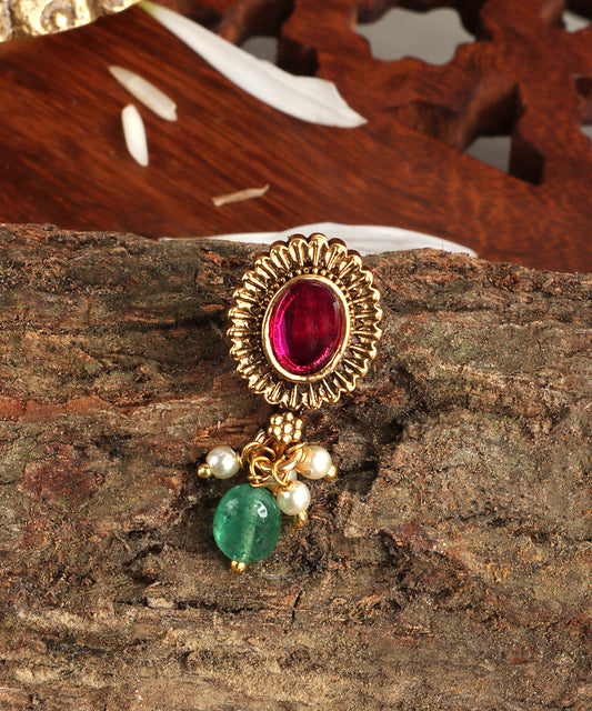 Antique Gold Stud Earrings with Ruby Stone & Emerald Drops