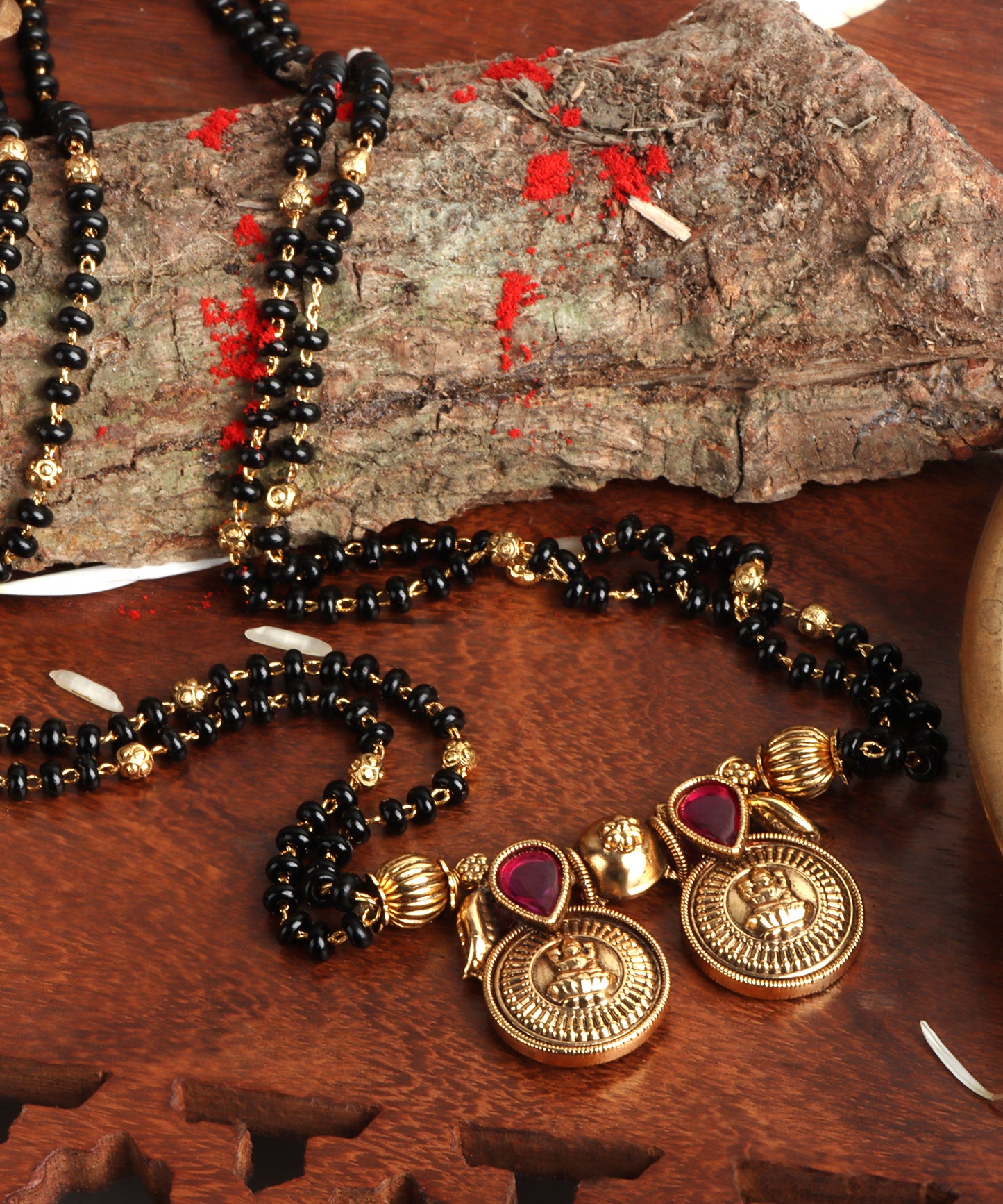 Antique Gold Lakshmi Mangalsutra with Ruby Accents